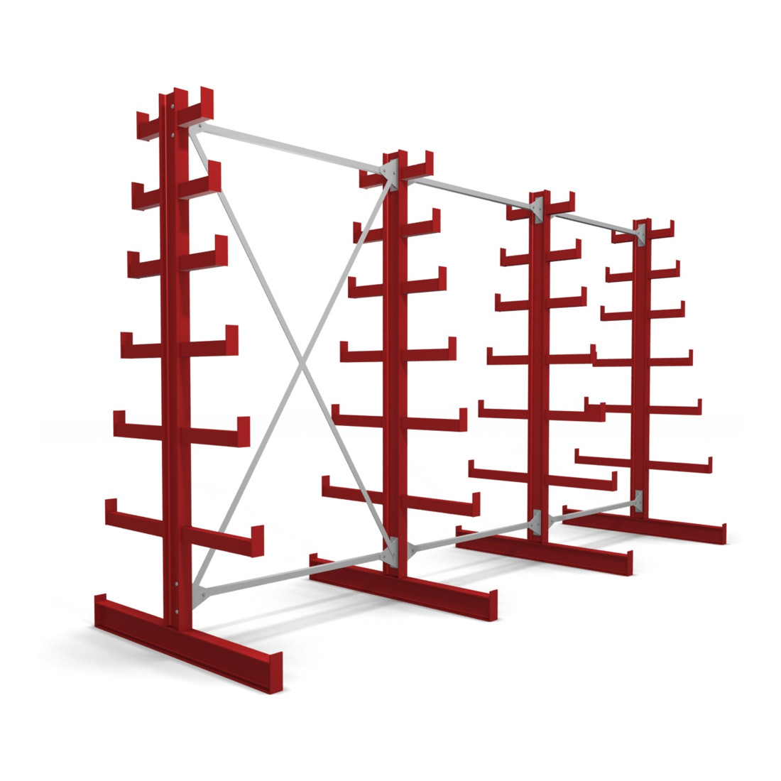 Rayonnage à bras en porte-à-faux STIER, double, 3 travées avec 6 niveaux décroissants 3900x2000x500 mm, rouge feu