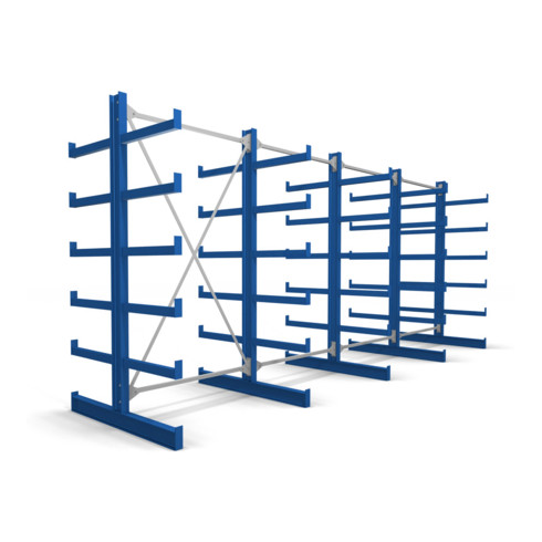 Rayonnage à bras en porte-à-faux STIER, double, 4 travées avec 5 niveaux 5200x2000x500 mm, bleu gentiane