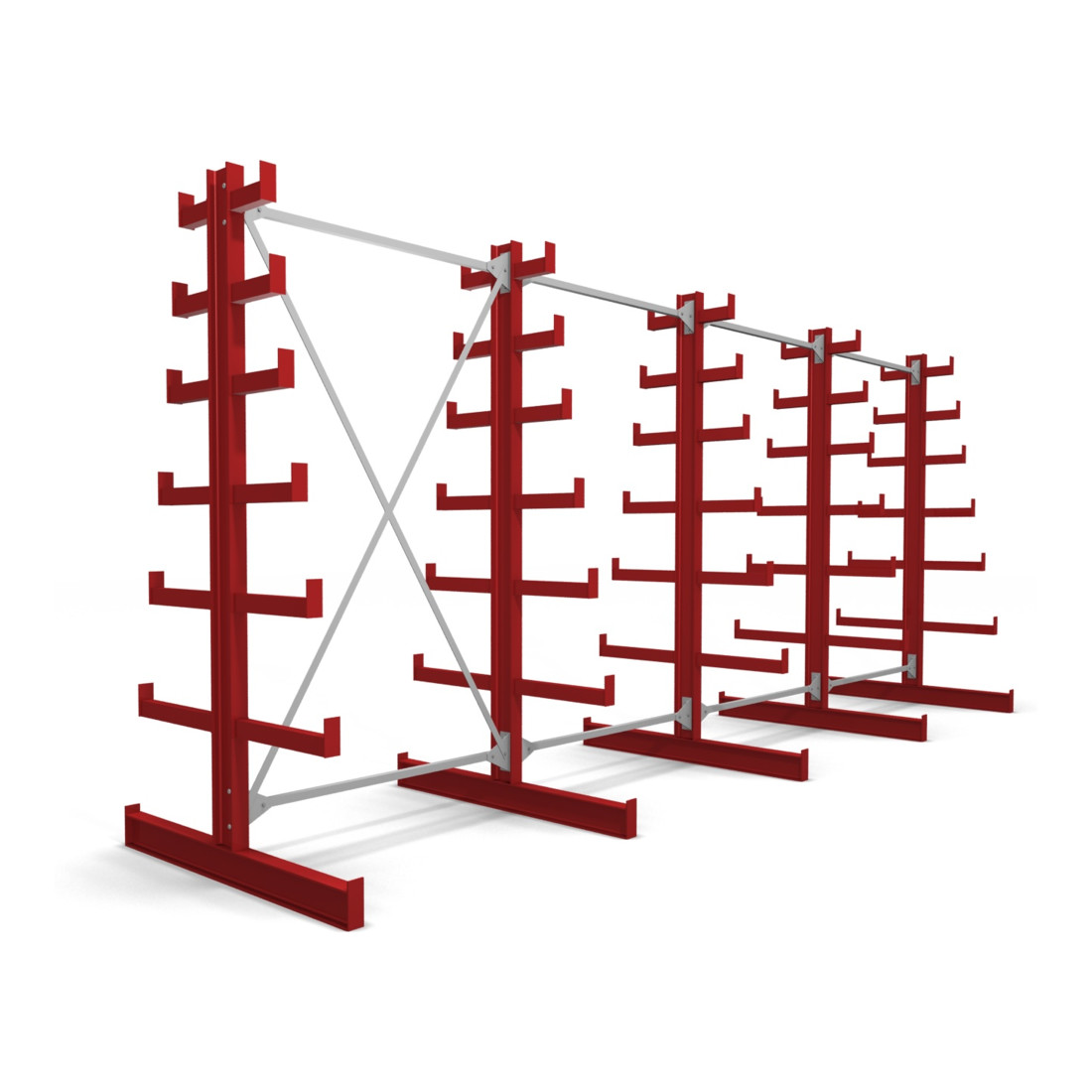 Rayonnage à bras en porte-à-faux STIER, double, 4 travées avec 6 niveaux décroissants 5200x2000x500 mm, rouge feu