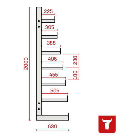STIER rayonnage cantilever simple face avec 6 niveaux descendants