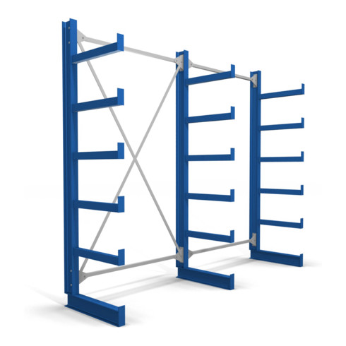 Rayonnage à bras en porte-à-faux STIER, simple, 2 travées avec 5 niveaux 2600x2000x500 mm, bleu gentiane