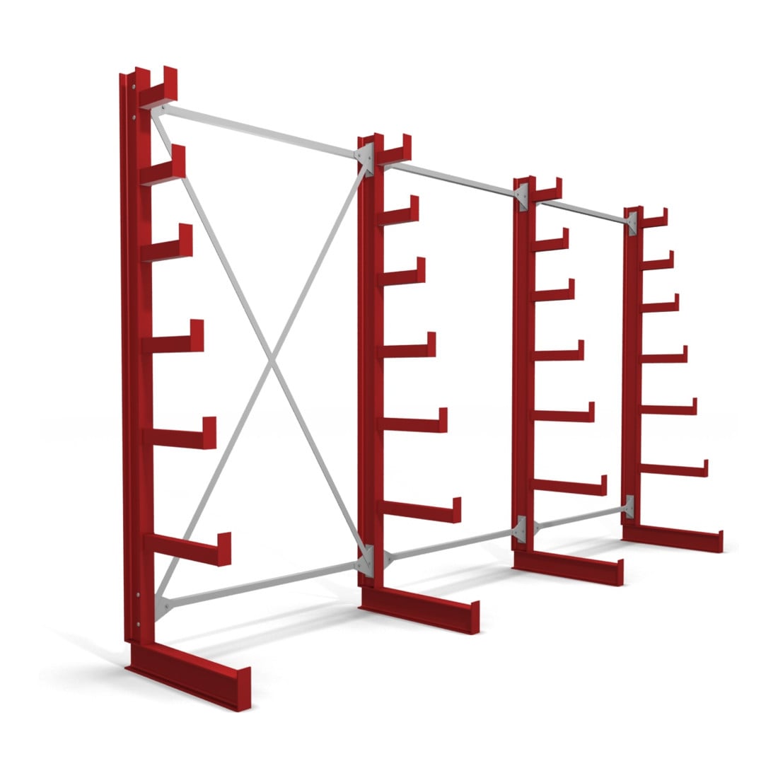 Rayonnage à bras en porte-à-faux STIER, simple, 3 travées avec 6 niveaux décroissants 3900x2000x500 mm, rouge feu