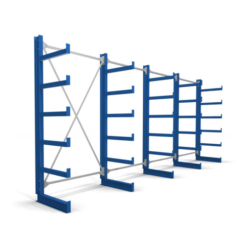 Rayonnage à bras en porte-à-faux STIER, simple, 4 travées avec 5 niveaux 5200x2000x500 mm, bleu gentiane