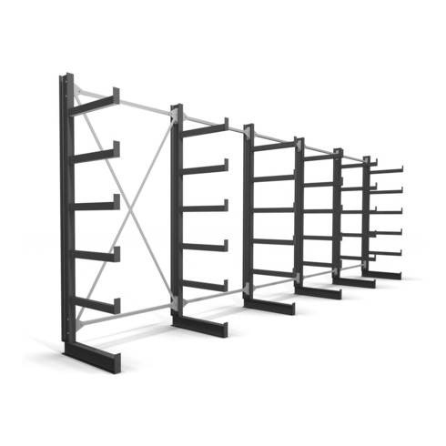 Rayonnage à bras en porte-à-faux STIER, simple, 5 travées avec 5 niveaux 6500x2000x500 mm