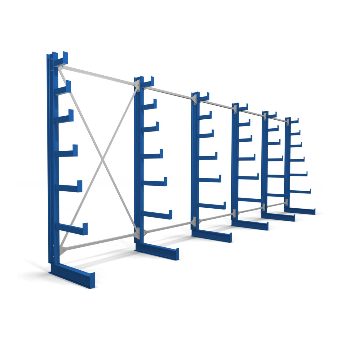 Rayonnage à bras en porte-à-faux STIER, simple, 5 travées avec 6 niveaux décroissants 6500x2000x500 mm, bleu gentiane