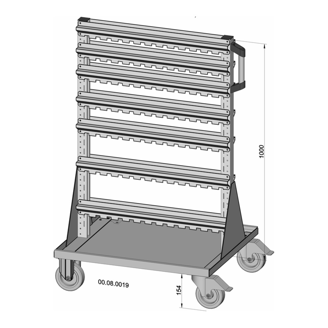 Rayonnage mobile bilatéral 62 bacs de rangement PS laqué à la poudre gris clair, 720 x 1155 mm