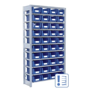 Rayonnages à tablettes équipés de bacs Bito SK p 324 x H 1850 bacs en bleu