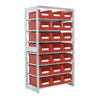 Rayonnages à tablettes équipés de bacs Bito SK p 524 x H 1850 bacs en rouge