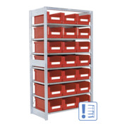 Rayonnages à tablettes équipés de bacs Bito SK p 524 x H 1850 bacs en rouge