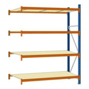Regalwerk EMMA Weitspannregal Holzeinlage Anbaufeld HxBxT 2500x1850x600 mm Rahmen RAL 5010-3
