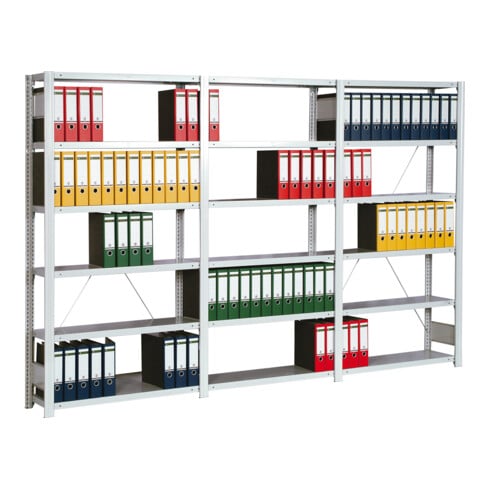 Regalwerk Standard Büroregal, Anbaufeld lichtgrau RAL 7035, 6 Stahlfachböden, Fachlast 150 kg, BxTxH 1005x300x2000 mm