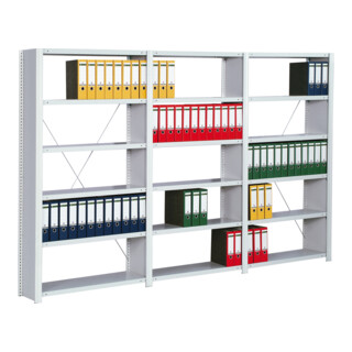 Regalwerk Standard Büroregal, Anbaufeld lichtgrau RAL 7035, mit Vollblechwänden, Stahlfachböden