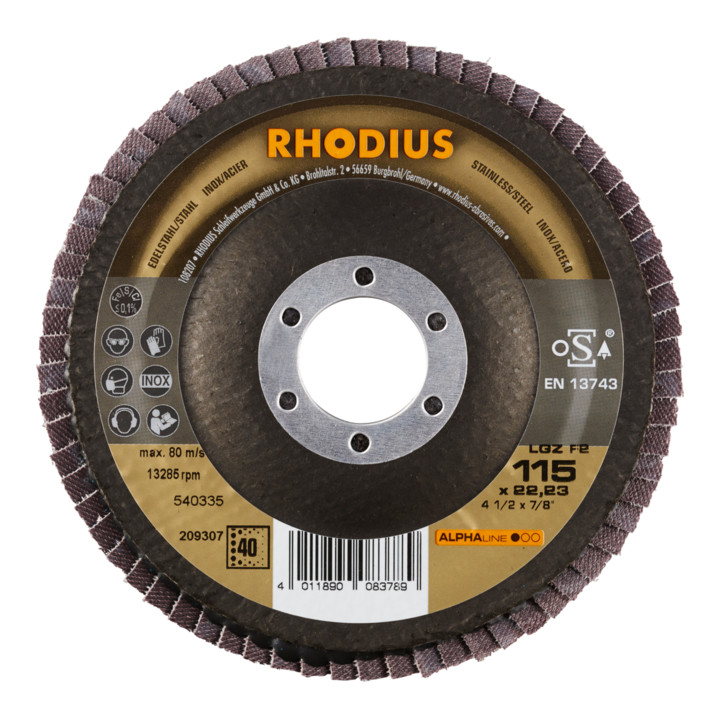 RHODIUS ALPHAline LGZ F2 Fächerschleifscheibe 115 x 22,23 mm K40