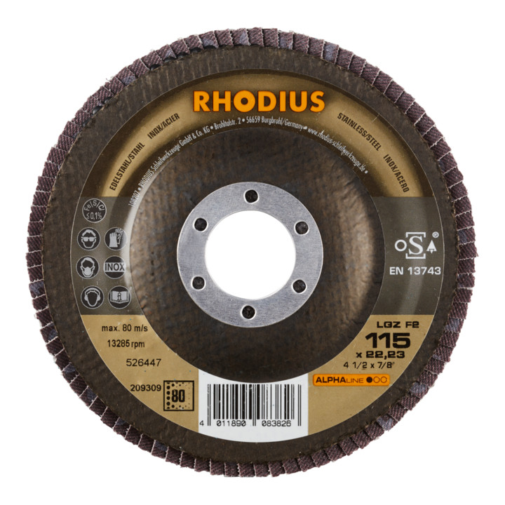 RHODIUS ALPHAline LGZ F2 Fächerschleifscheibe 115 x 22,23 mm K80