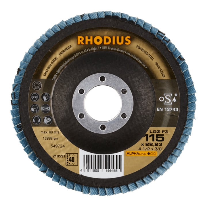 RHODIUS ALPHAline LGZ F3 Fächerschleifscheibe 115 x 22,23 mm K40