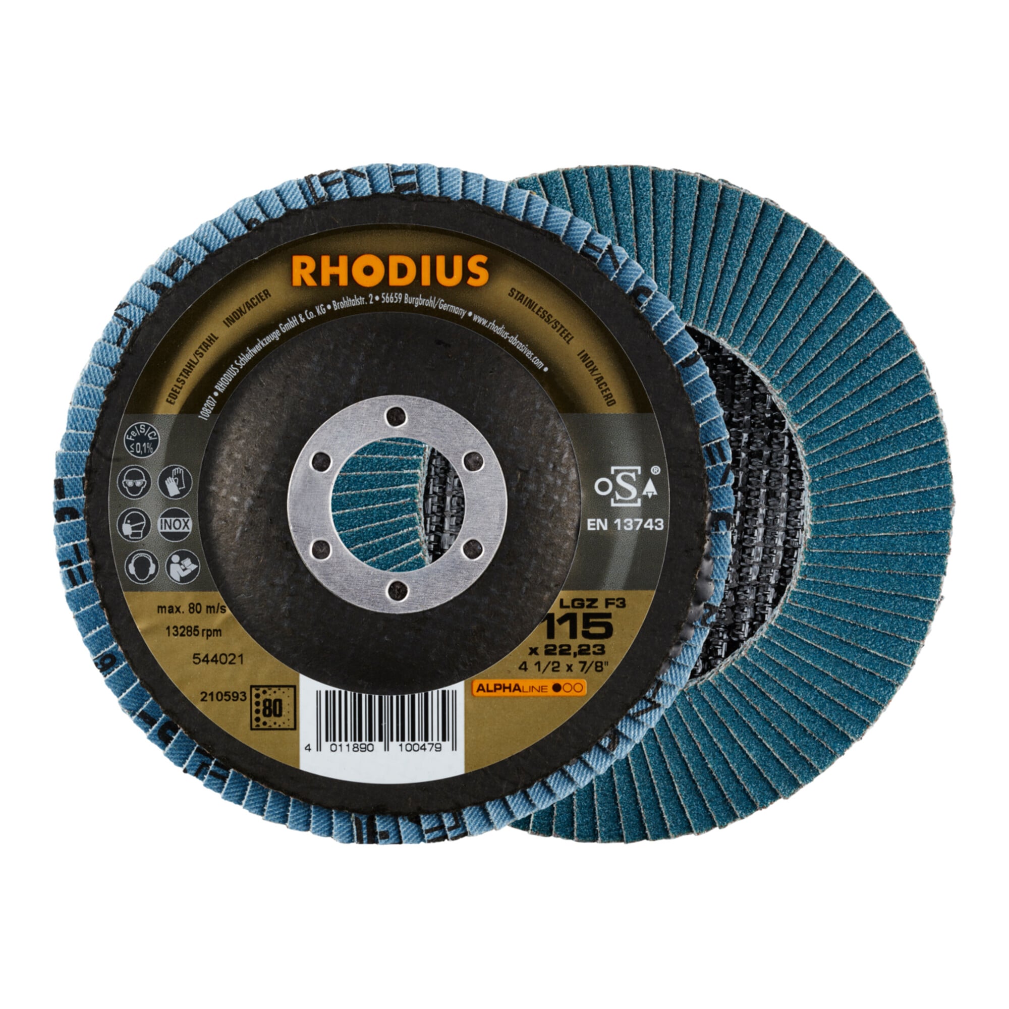 RHODIUS ALPHAline LGZ F3 Fächerschleifscheibe 115 x 22,23 mm K80