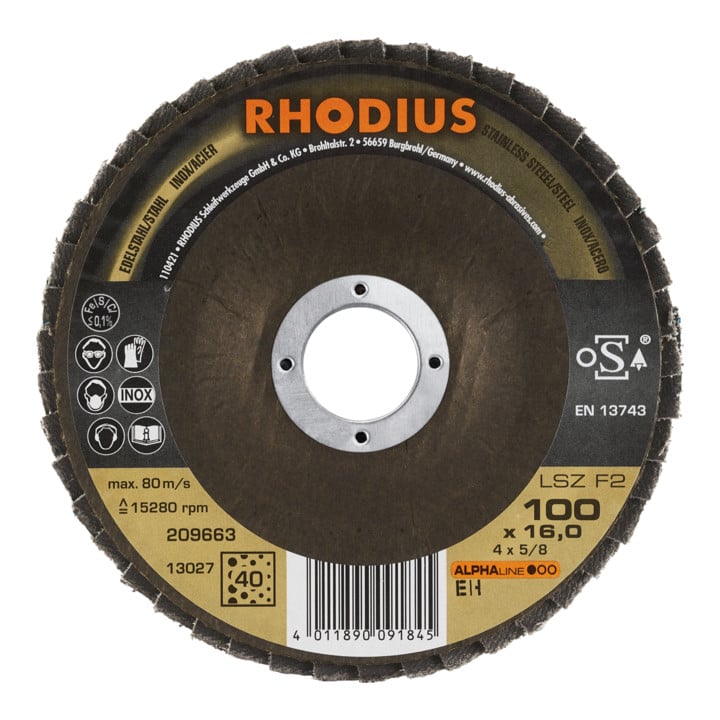RHODIUS ALPHAline LSZ F2 Fächerschleifscheibe 100 x 16,00 mm K40