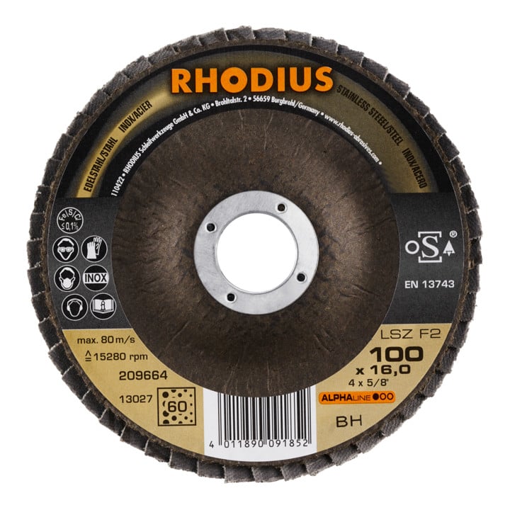 RHODIUS ALPHAline LSZ F2 Fächerschleifscheibe 100 x 16,00 mm K60