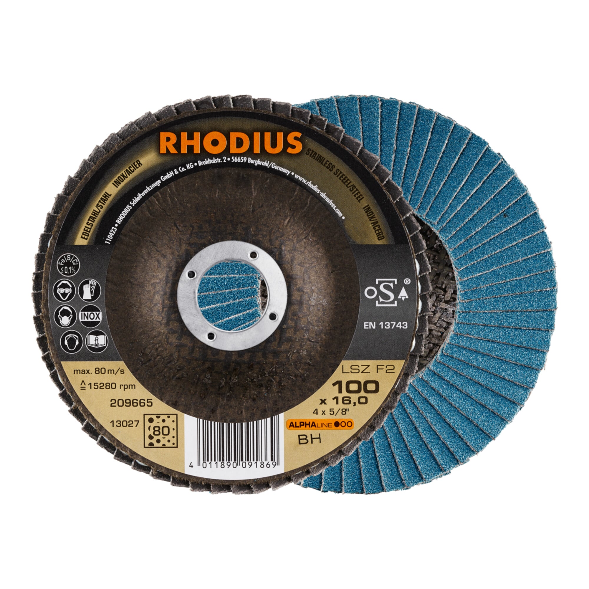 RHODIUS ALPHAline LSZ F2 Fächerschleifscheibe 100 x 16,00 mm K80