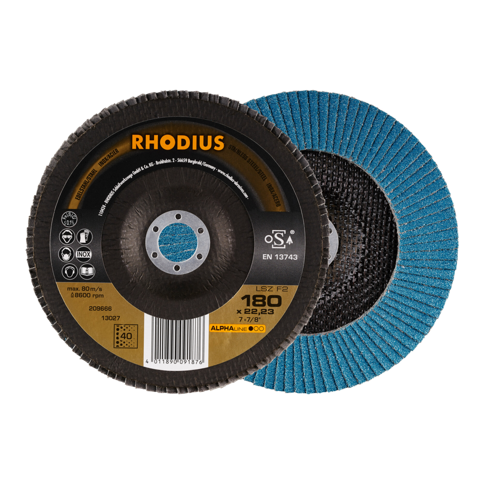 RHODIUS ALPHAline LSZ F2 Fächerschleifscheibe 180 x 22,23 mm K40