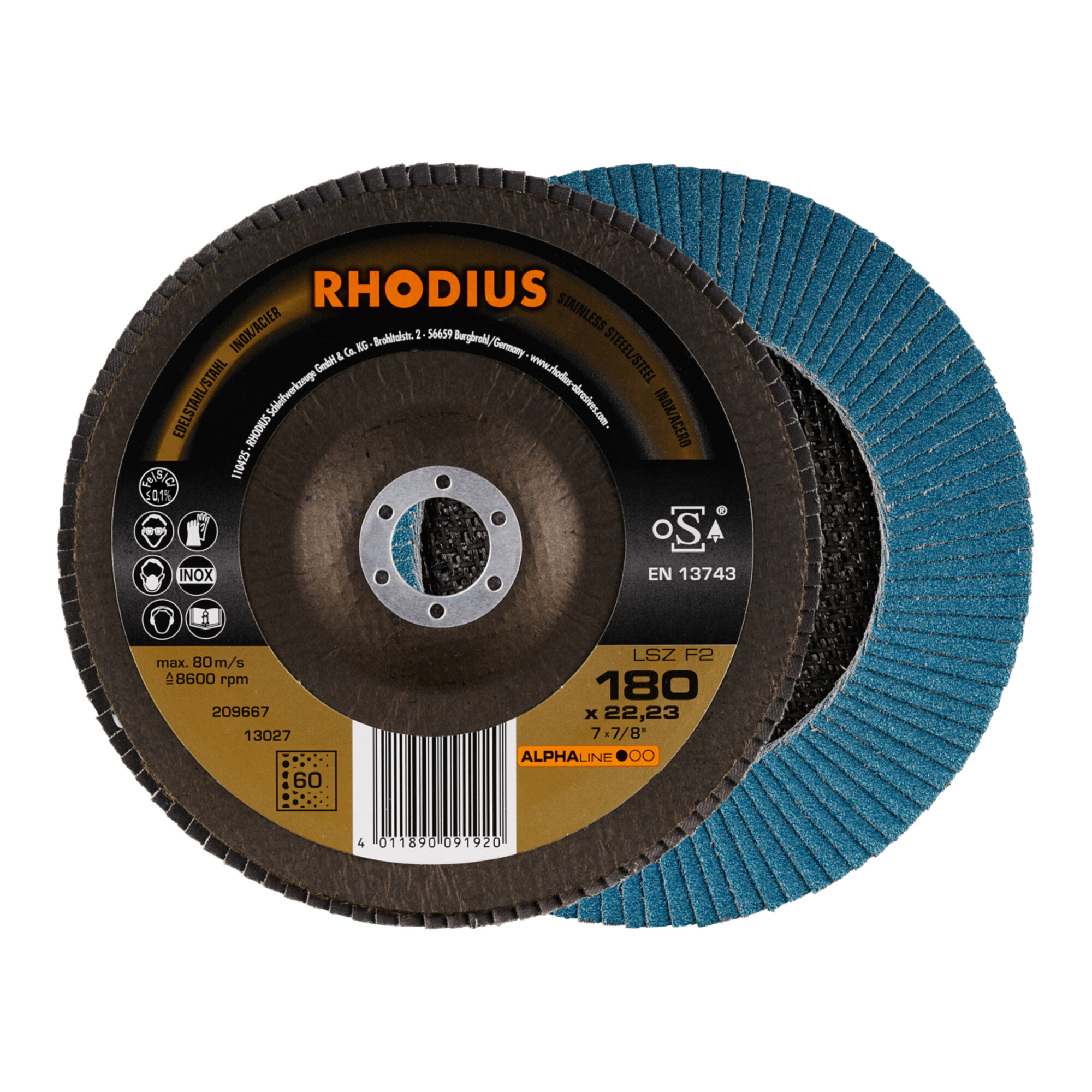 RHODIUS ALPHAline LSZ F2 Fächerschleifscheibe 180 x 22,23 mm K60