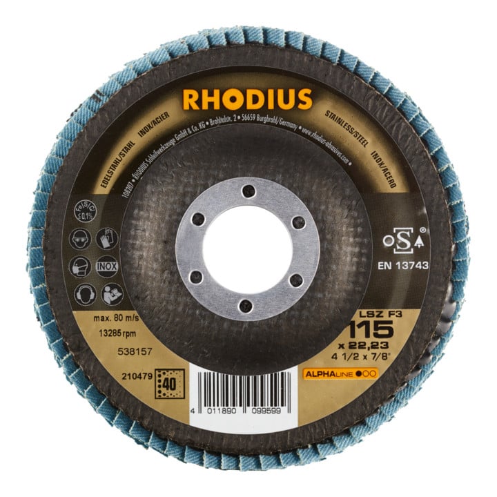 RHODIUS ALPHAline LSZ F3 Fächerschleifscheibe 115 x 22,23 mm K40