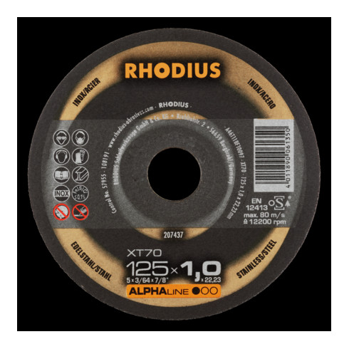 RHODIUS ALPHAline XT70 Extra dunne doorslijpschijf 125 x 1,0 x 22,23 mm 100 stuks