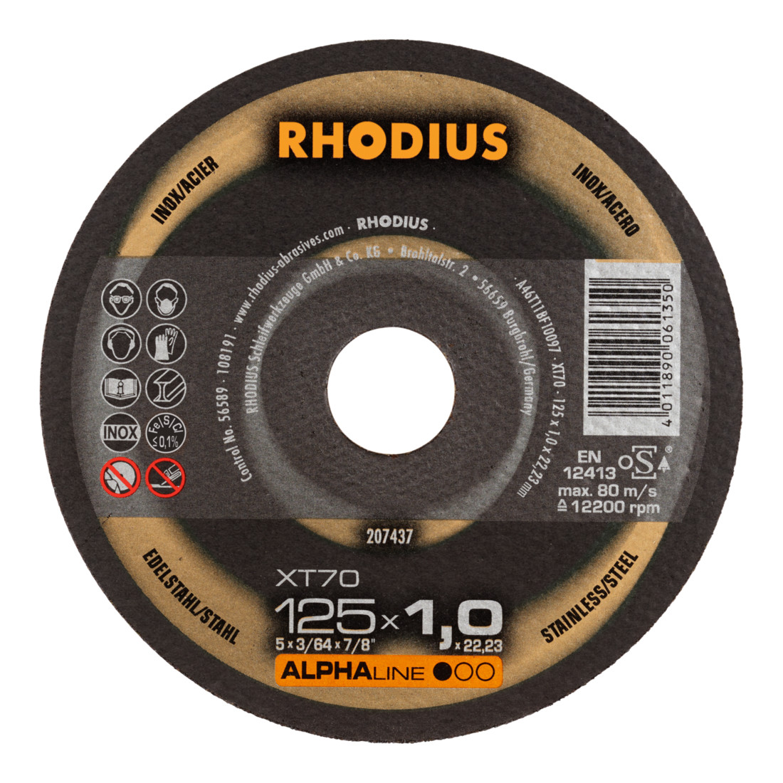 RHODIUS ALPHAline XT70 Extra dunne doorslijpschijf 125 x 1,0 x 22,23 mm