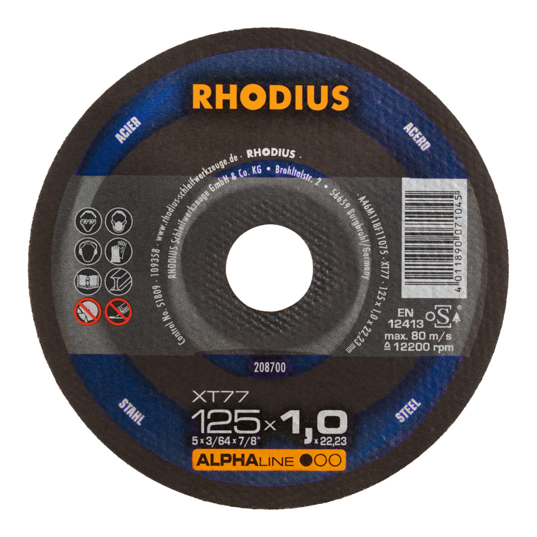 RHODIUS ALPHAline XT77 Extra dunne doorslijpschijf 125 x 1,0 x 22,23 mm