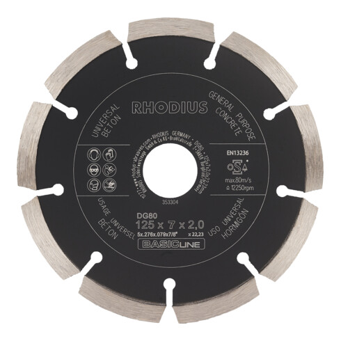 RHODIUS BasicLine disque de coupe diamanté DG80 CONCRETE 125 x 7,0 x 2,0 x 22,23 mm