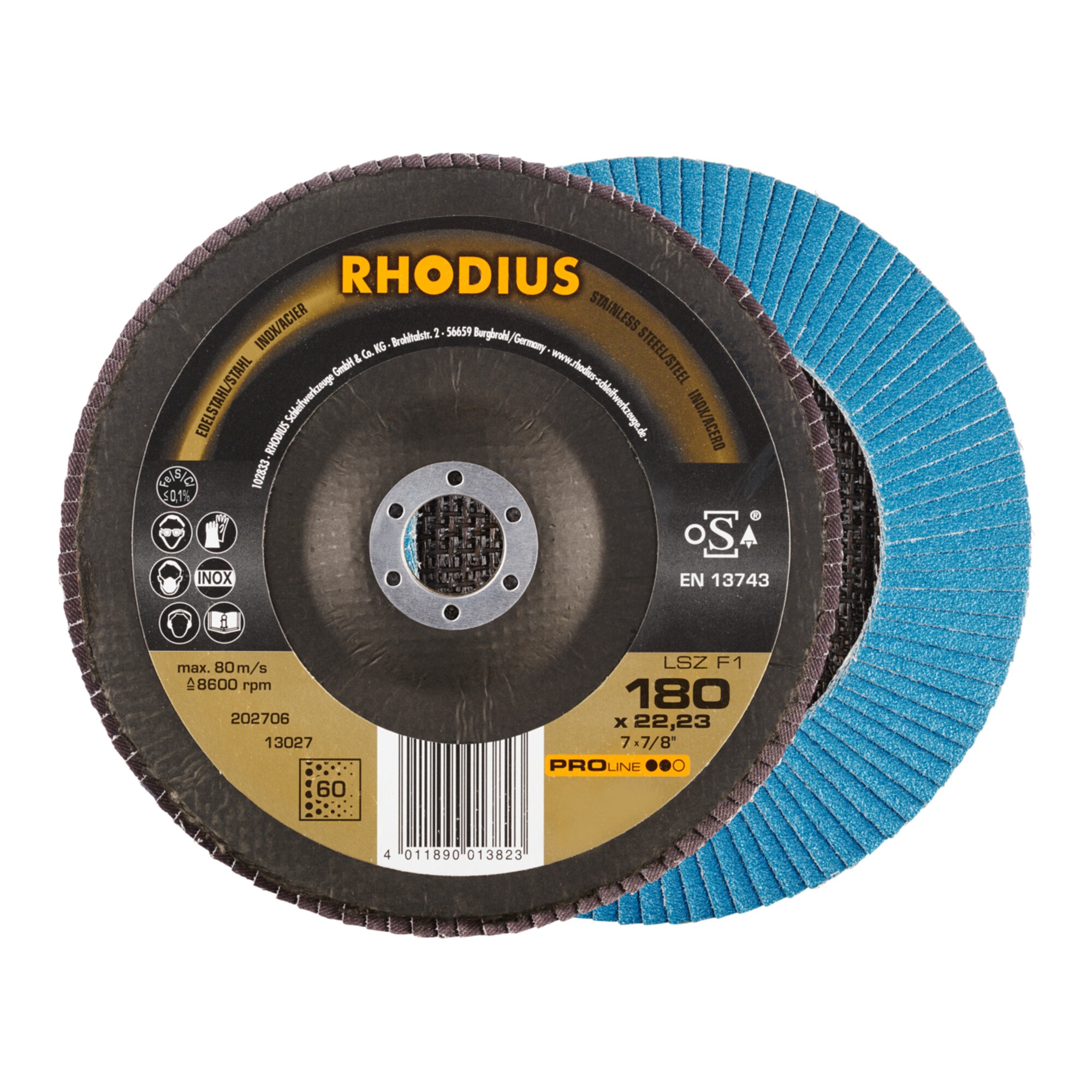 RHODIUS PROline LSZ F1 Fächerschleifscheibe 180 x 22,23 mm K60