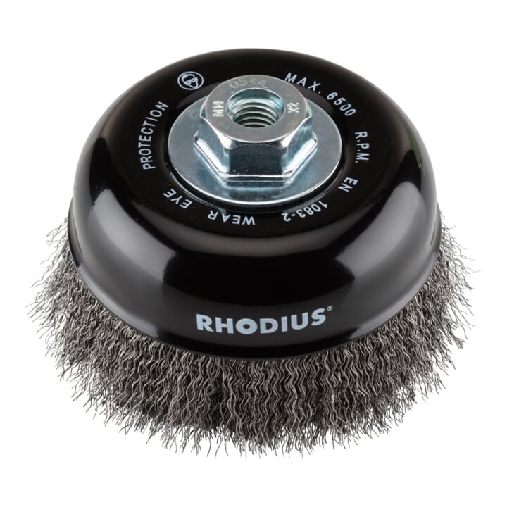 Rhodius Stahl-Topfbürste STBW mit gewelltem Stahldraht für den Einsatz auf Winkelschleifern, 125 x 30 x M14 mm