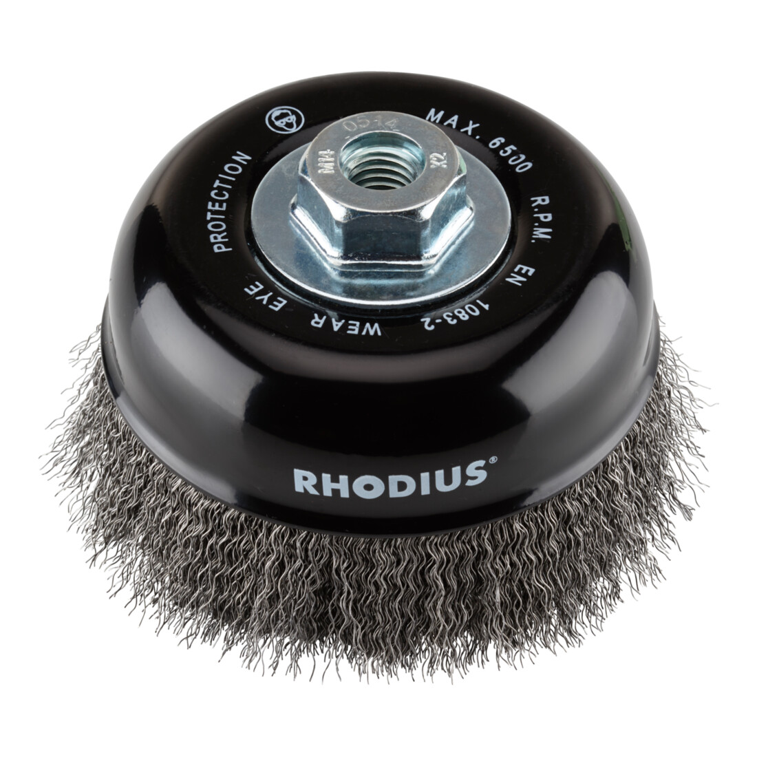 Rhodius Stahl-Topfbürste STBW mit gewelltem Stahldraht für den Einsatz auf Winkelschleifern, 125 x 30 x M14 mm