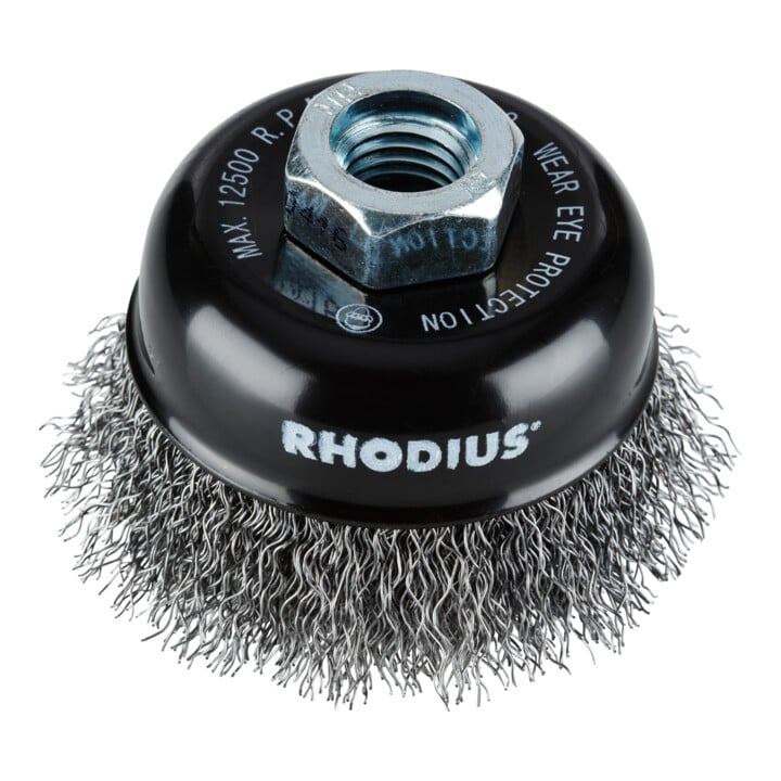 Rhodius Stahl-Topfbürste STBW mit gewelltem Stahldraht für den Einsatz auf Winkelschleifern, 60 x 21 x M14 mm