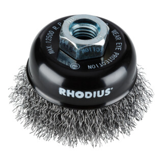 Rhodius Stahl-Topfbürste STBW mit gewelltem Stahldraht für den Einsatz auf Winkelschleifern, 80 x 25 x M14 mm