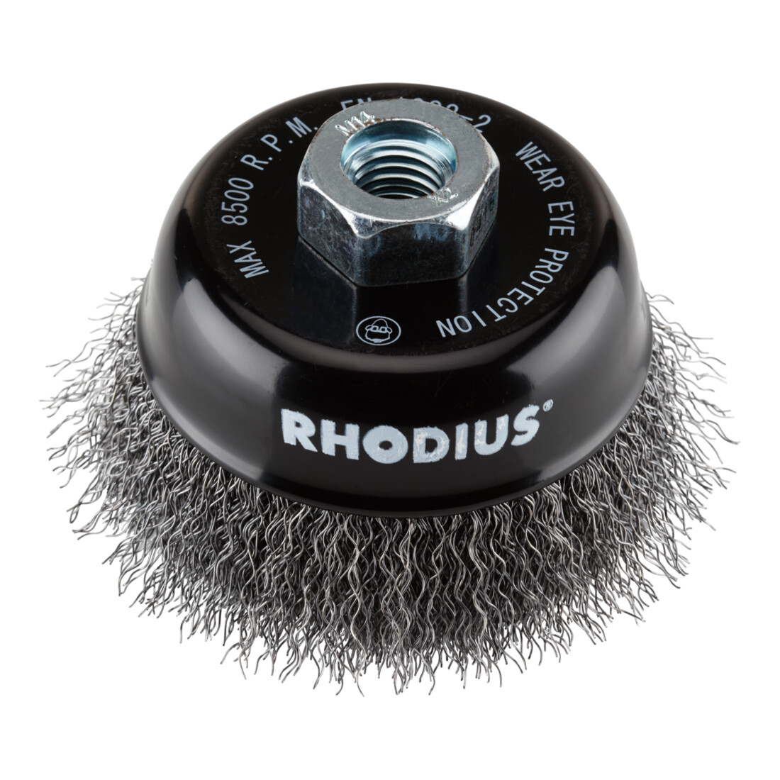 Rhodius Stahl-Topfbürste STBW mit gewelltem Stahldraht für den Einsatz auf Winkelschleifern, 80 x 25 x M14 mm