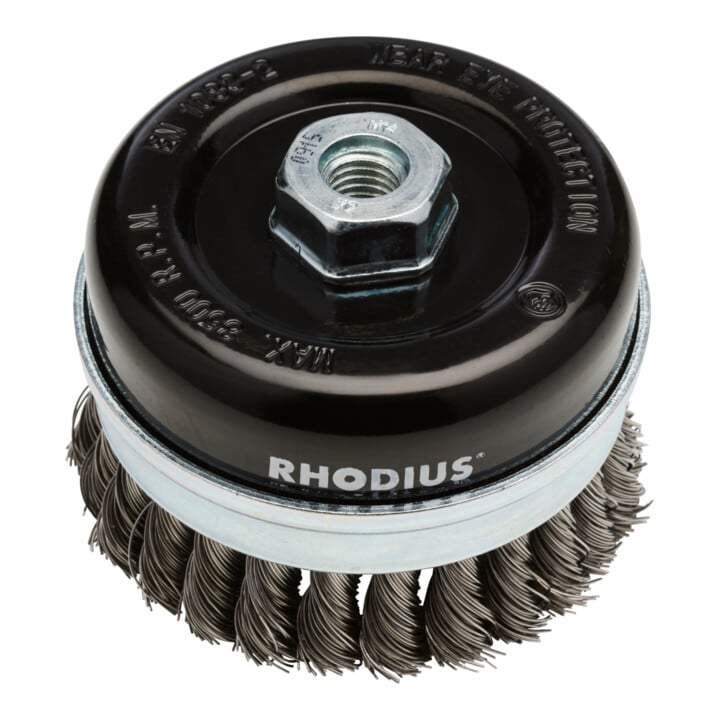 Rhodius Stahl-Topfbürste STBZ mit gezopftem Stahldraht für den Einsatz auf Winkelschleifern, 100 x 20 x M14 mm
