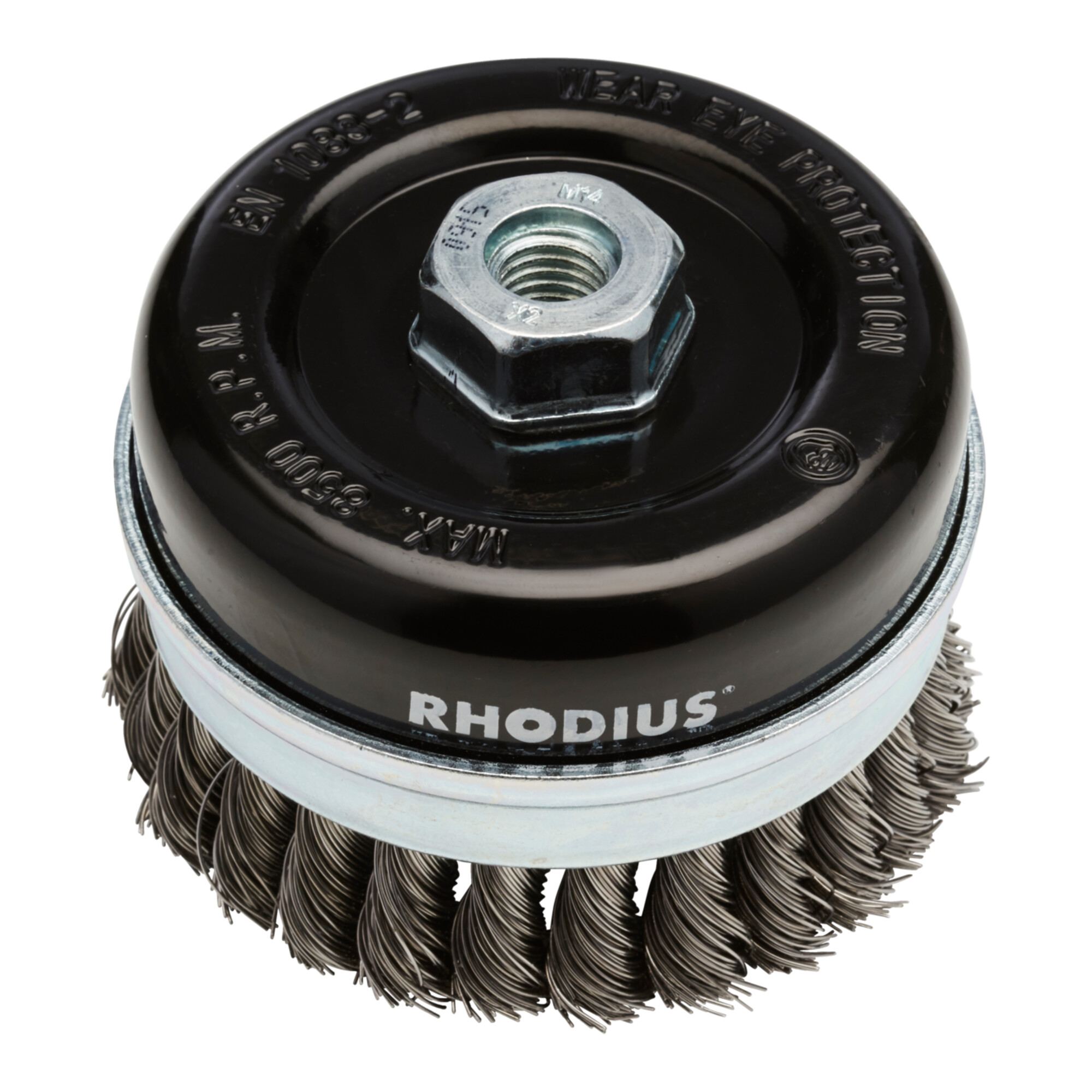 Rhodius Stahl-Topfbürste STBZ mit gezopftem Stahldraht für den Einsatz auf Winkelschleifern, 65 x 20 x M14 mm