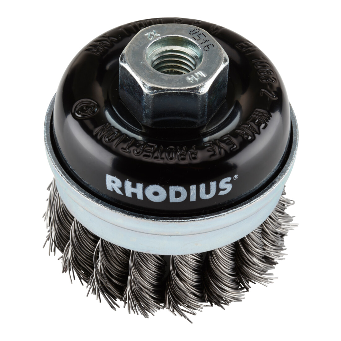 Rhodius Stahl-Topfbürste STBZ mit gezopftem Stahldraht für den Einsatz auf Winkelschleifern, 75 x 20 x M14 mm