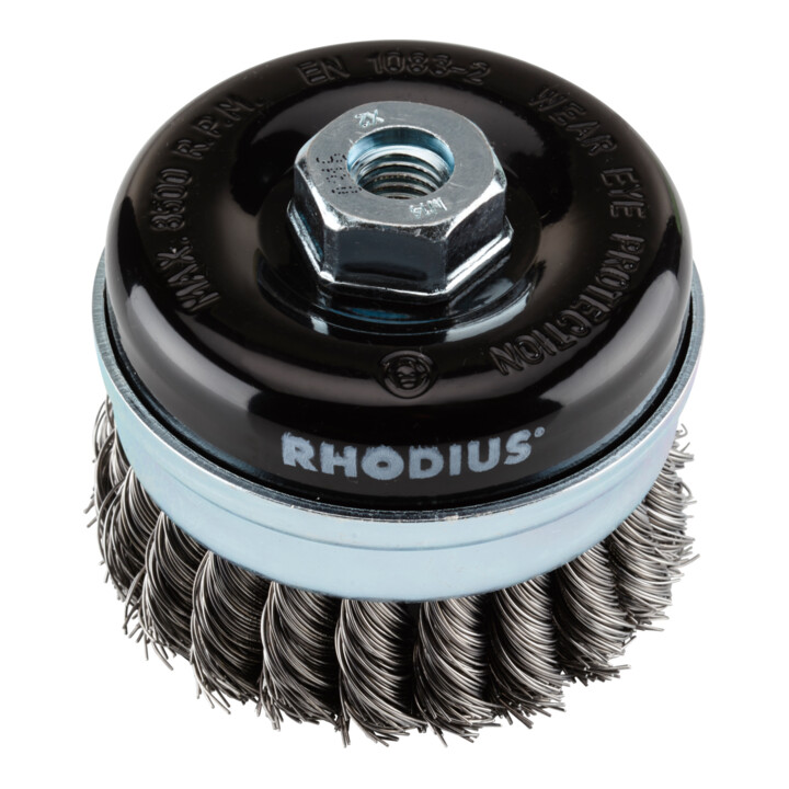 Rhodius Stahl-Topfbürste STBZ mit gezopftem Stahldraht für den Einsatz auf Winkelschleifern, 80 x 20 x M14 mm