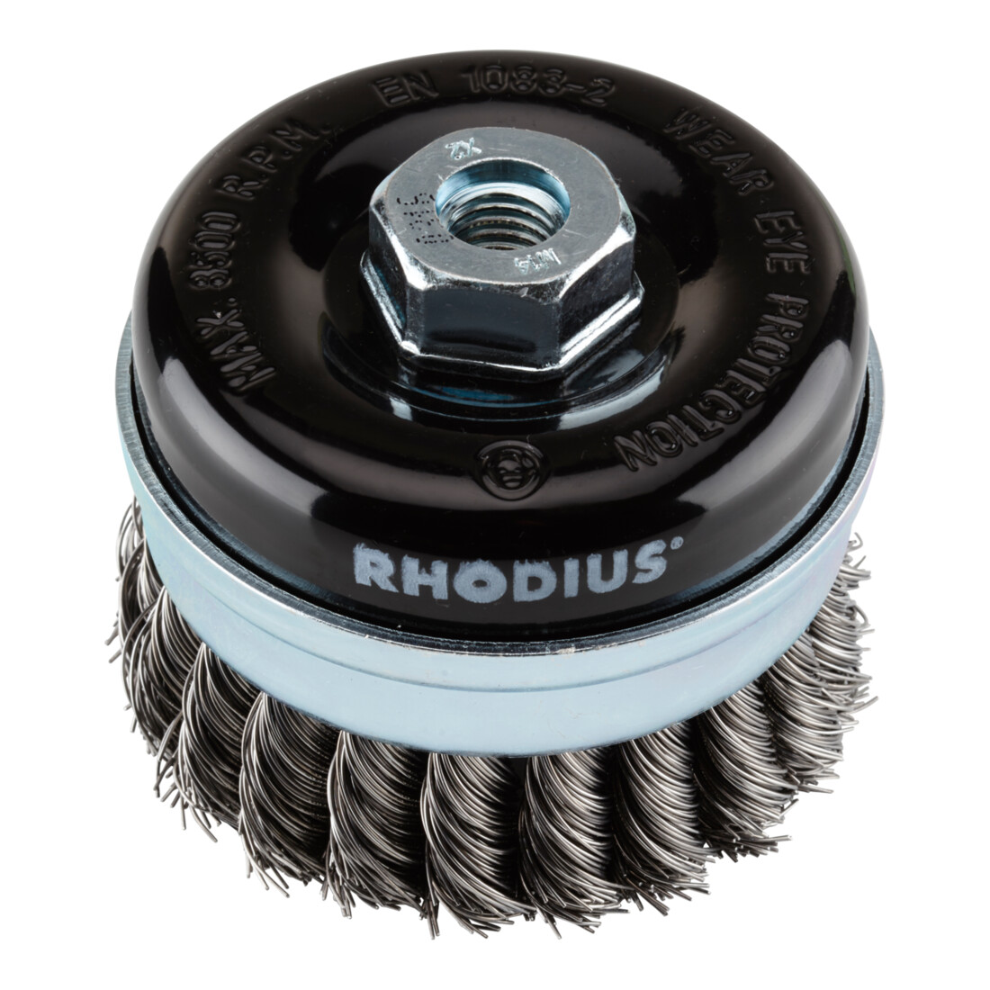 Rhodius Stahl-Topfbürste STBZ mit gezopftem Stahldraht für den Einsatz auf Winkelschleifern, 80 x 20 x M14 mm