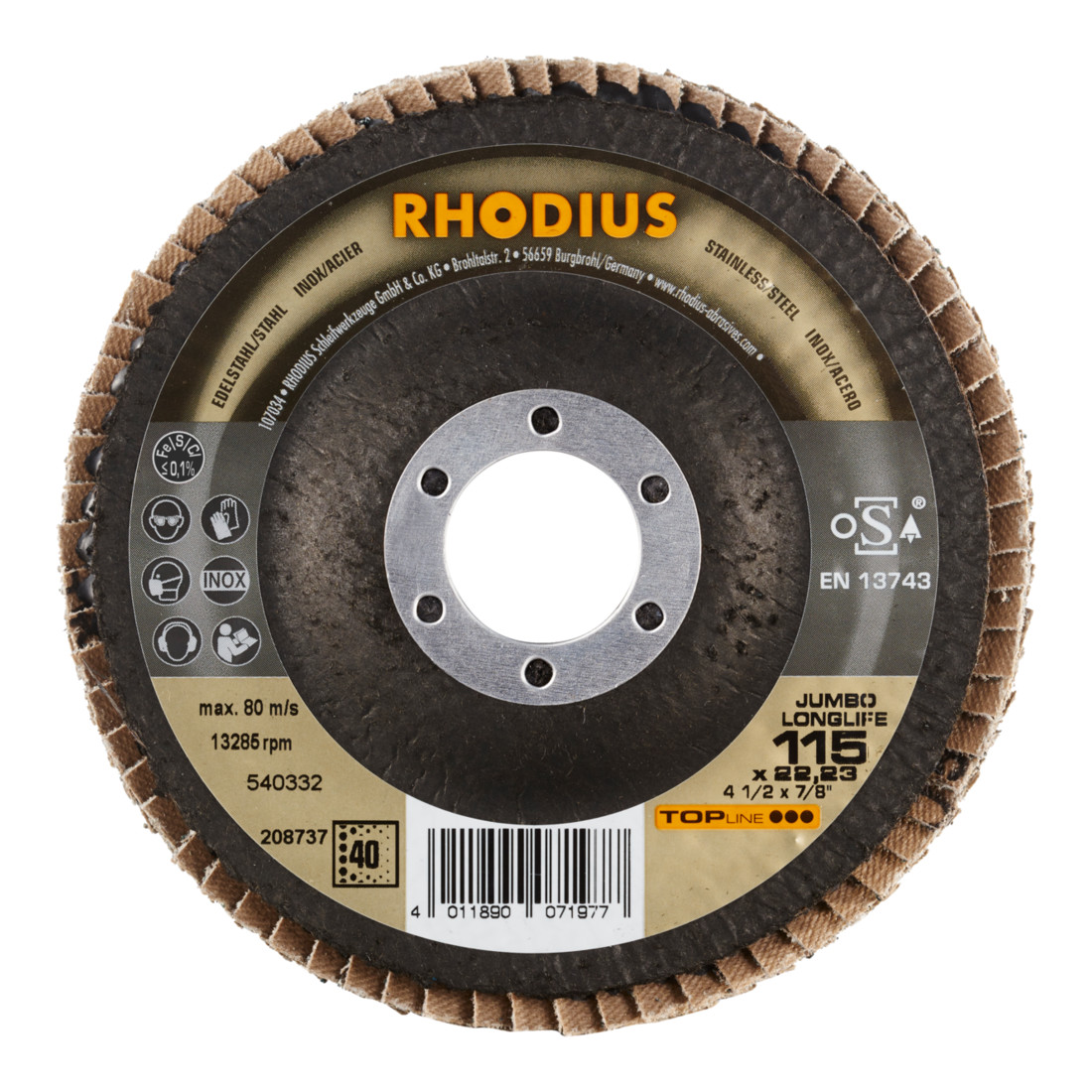RHODIUS TOPline JUMBO LONGLIFE EXTENDED Fächerschleifscheibe