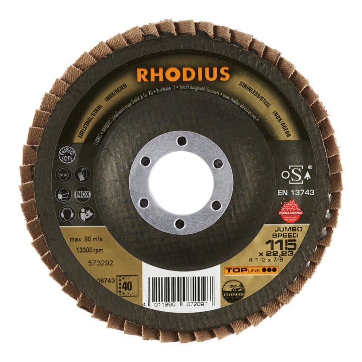 RHODIUS TOPline JUMBO SPEED EXTENDED Fächerschleifscheibe 115 x 22,23 mm K40