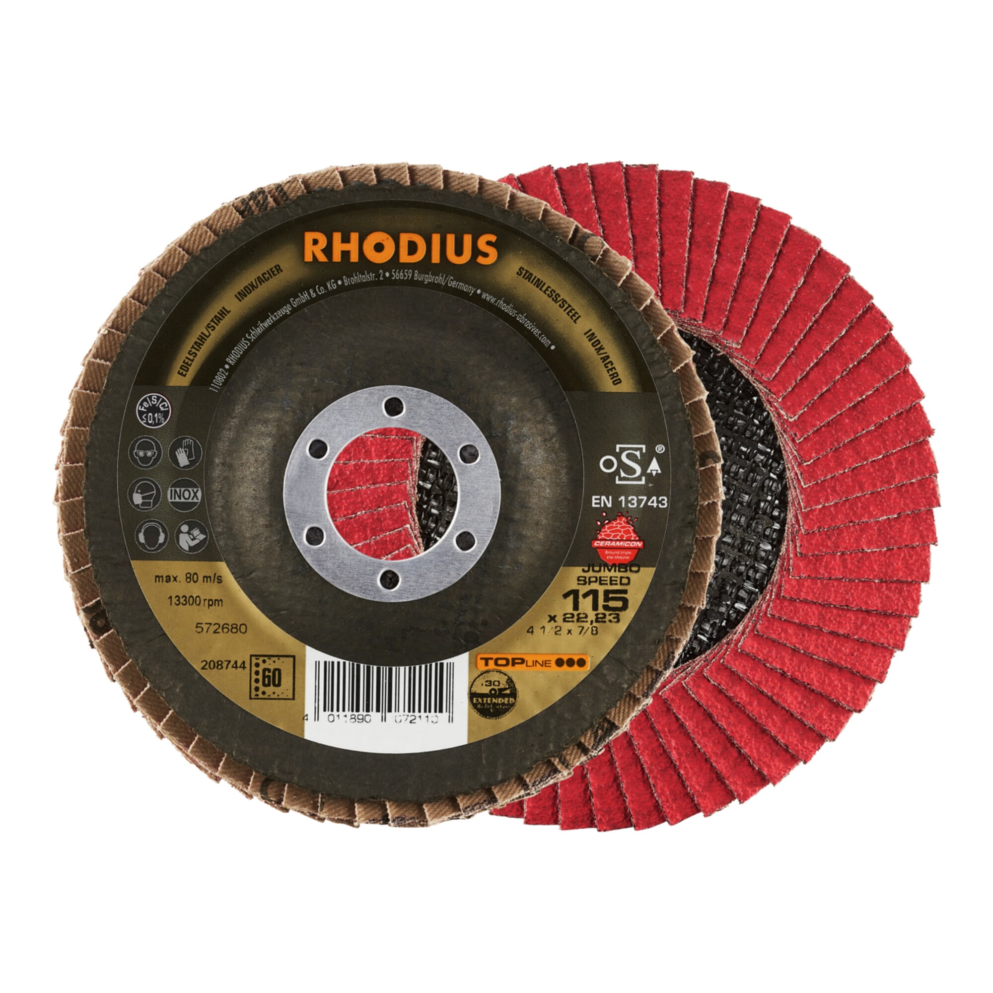 RHODIUS TOPline JUMBO SPEED EXTENDED Fächerschleifscheibe 115 x 22,23 mm K60