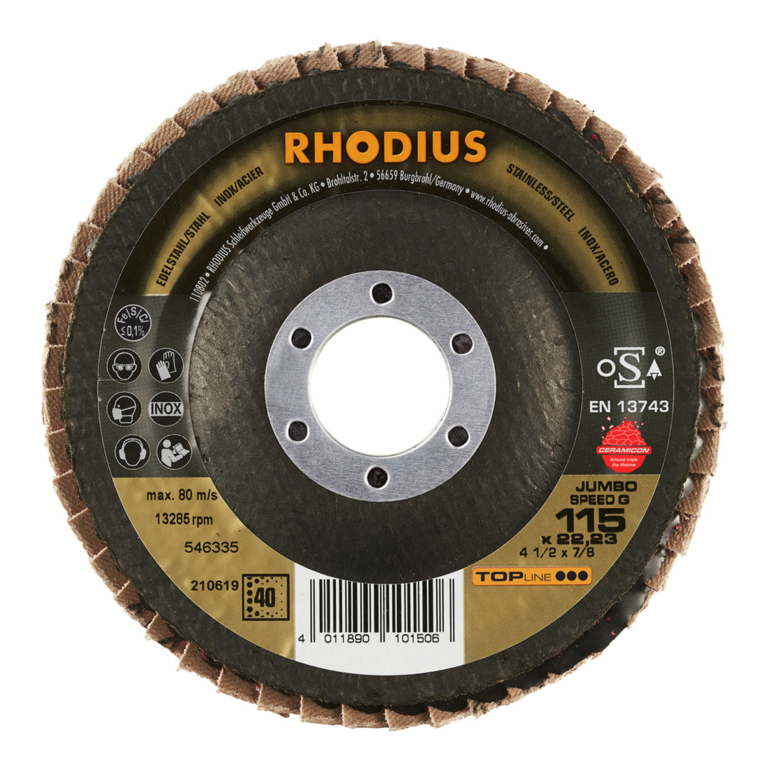 RHODIUS TOPline JUMBO SPEED G Fächerschleifscheibe