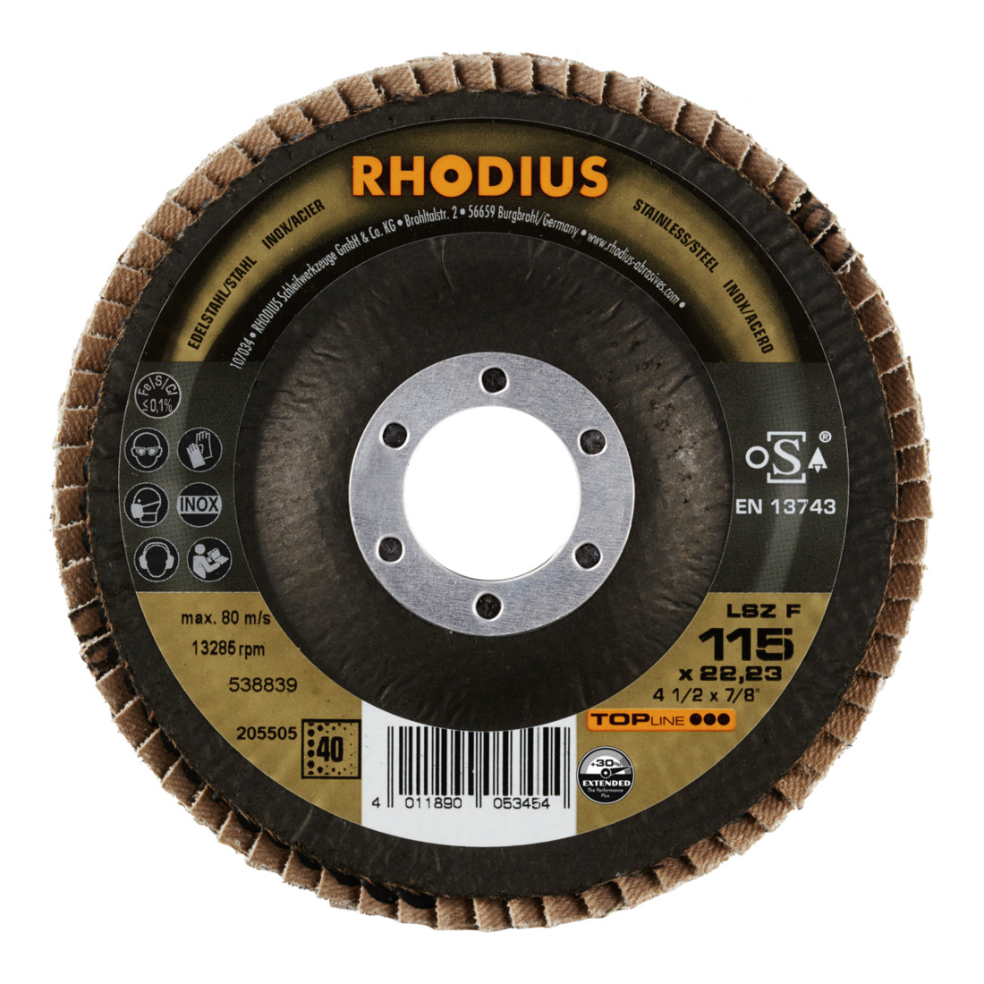 RHODIUS TOPline LSZ F Fächerschleifscheibe
