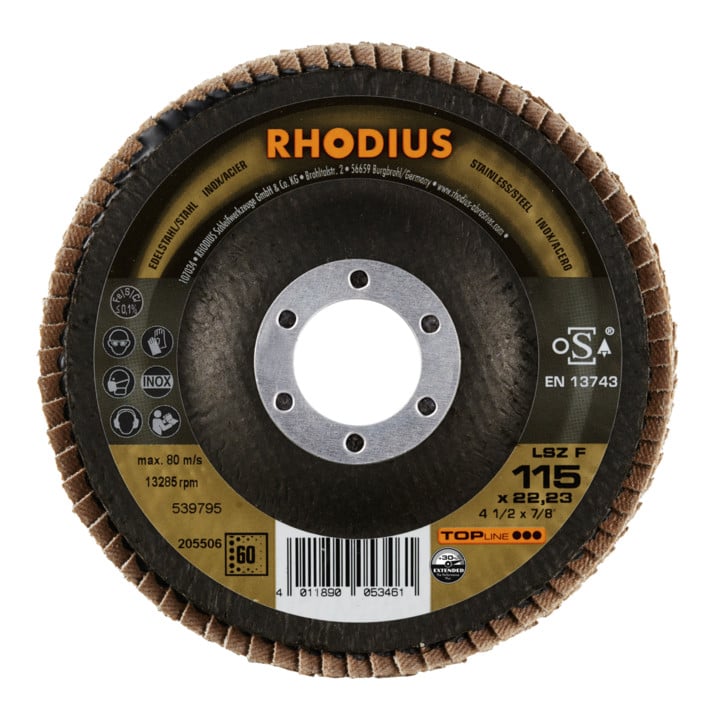 RHODIUS TOPline LSZ F EXTENDED Fächerschleifscheibe 115 x 22,23 mm K60