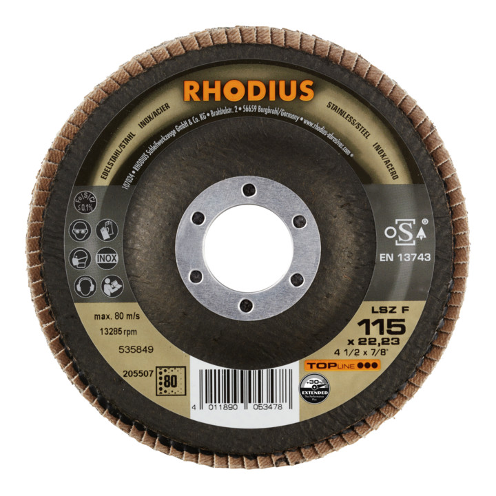 RHODIUS TOPline LSZ F EXTENDED Fächerschleifscheibe 115 x 22,23 mm K80