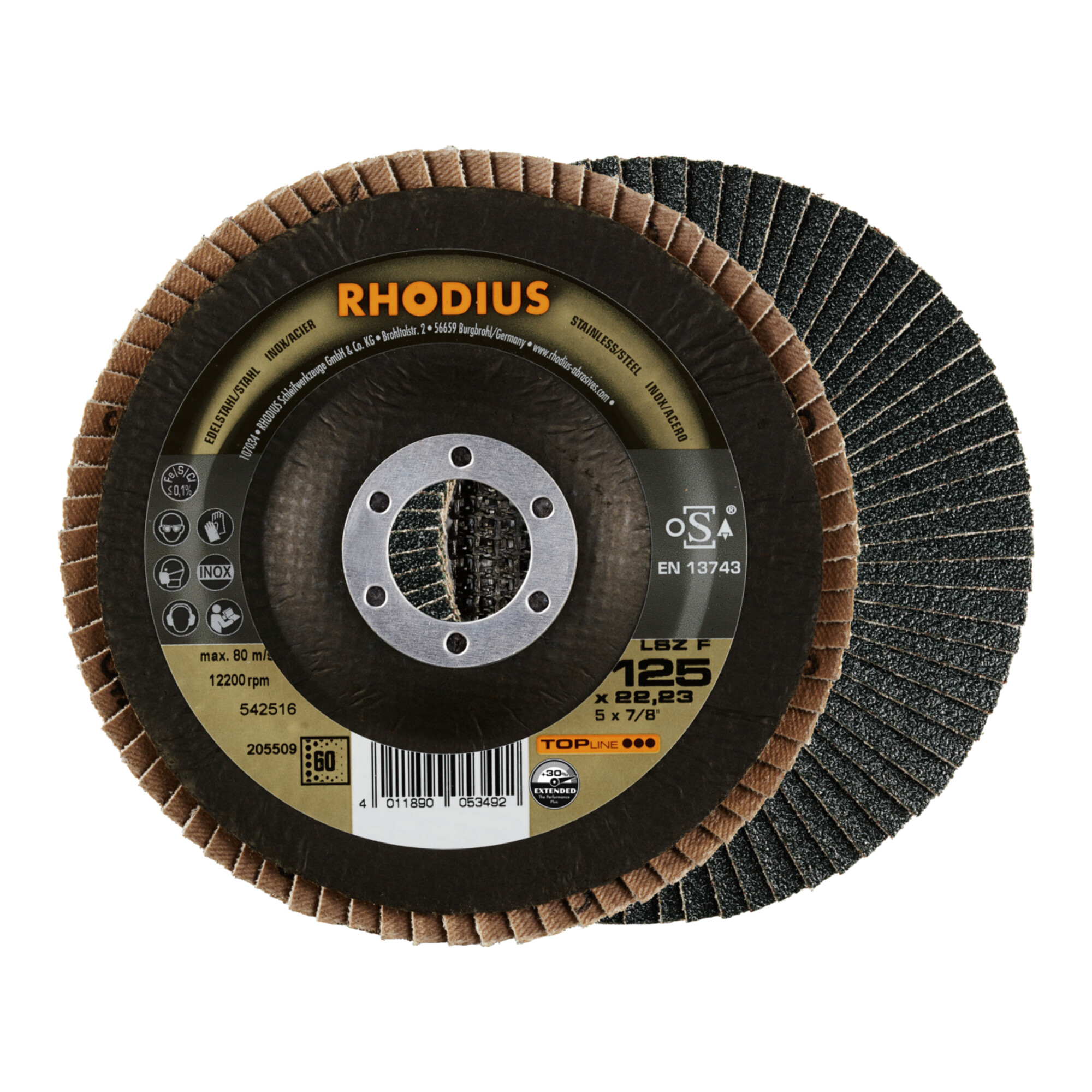 RHODIUS TOPline LSZ F EXTENDED Fächerschleifscheibe 125 x 22,23 mm K60