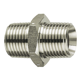 Riegler Doppelgewindenippel R 3/4 a., R 1 1/2 a., SW 50, Edelstahl 1.4571